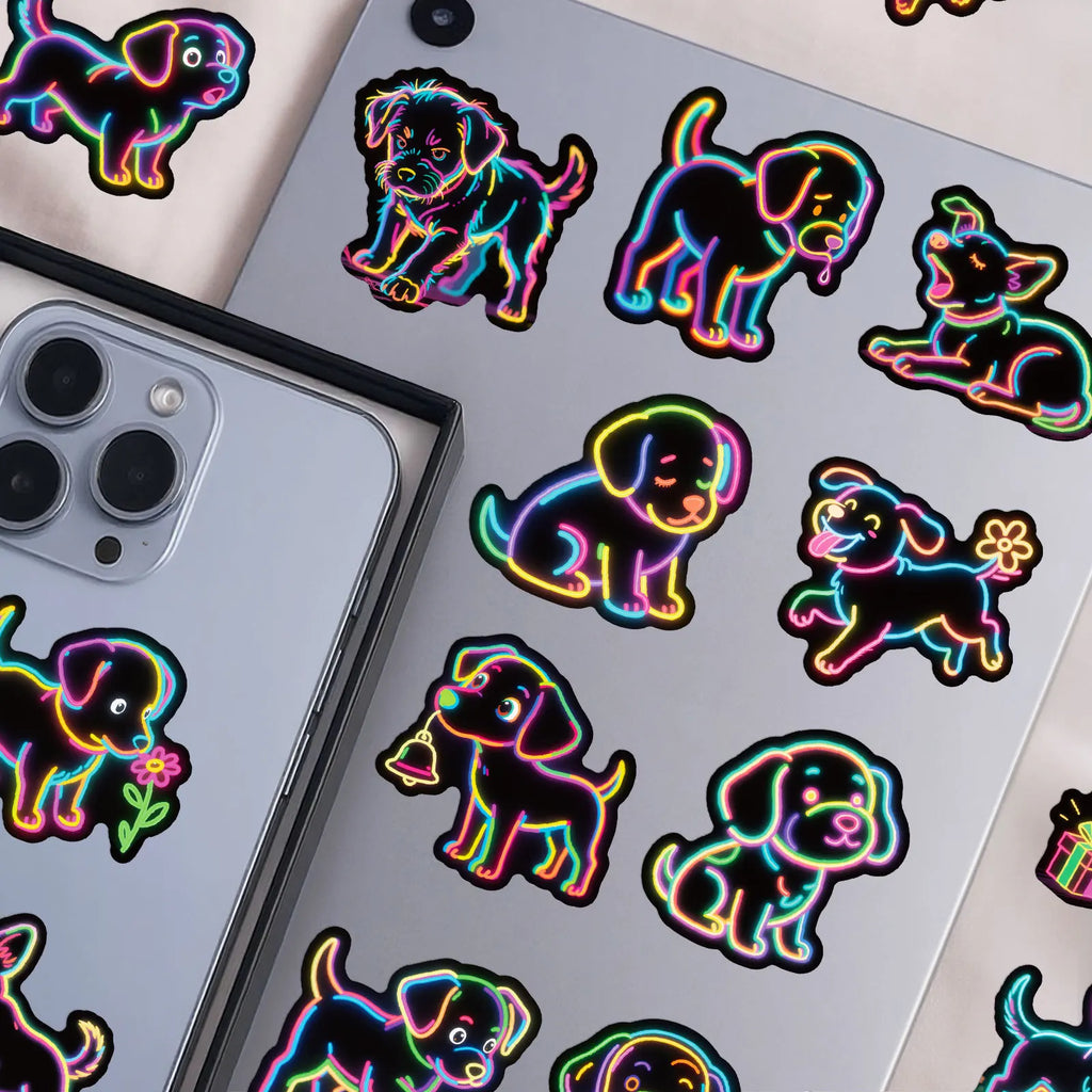56/112PCS Neon Cartoon Dog Graffiti Stickers Creative Colorful Lantern Cartoon Dog Notebook Water Cup Decoration Stickers