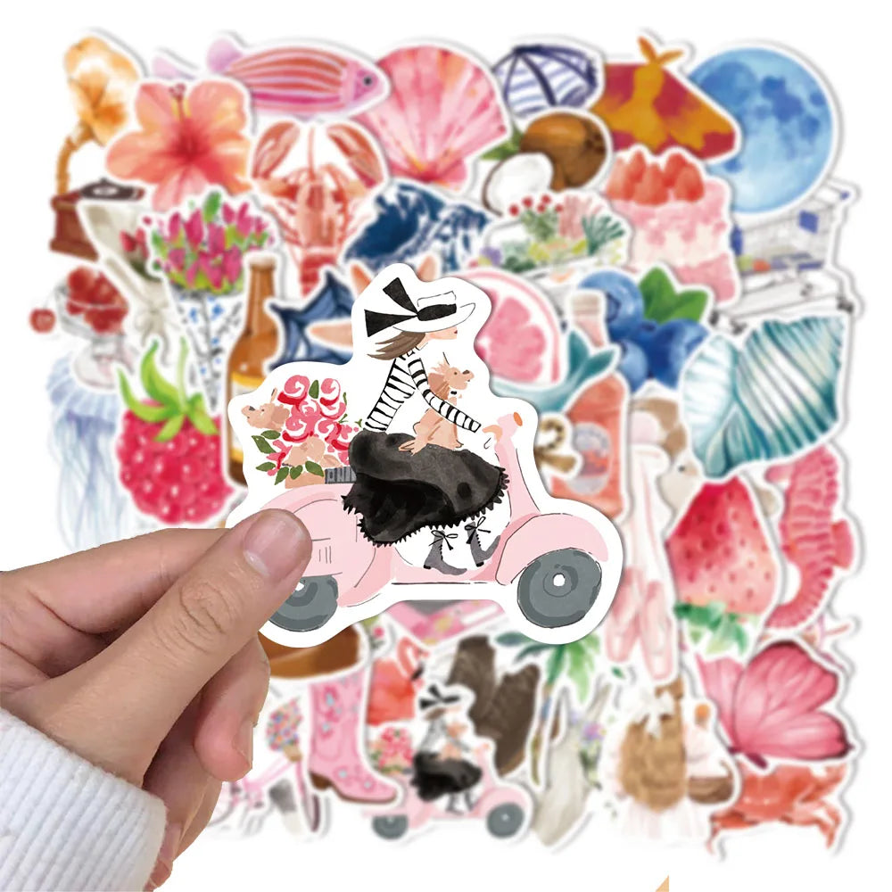 50PCS Watercolor Diary 2 Cartoon Ins Style DIY Stickers Sketchbook Phone Case Notebook Luggage Skateboard Waterproof Stickers