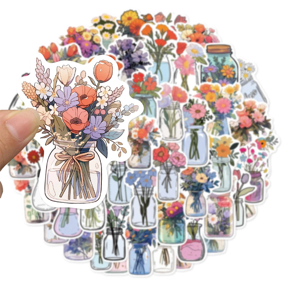 50PCS Color Bottle Flower Sticker Pack Waterproof Stickers DIY Brochure Flower Material Decoration Notebook Waterproof Stickers