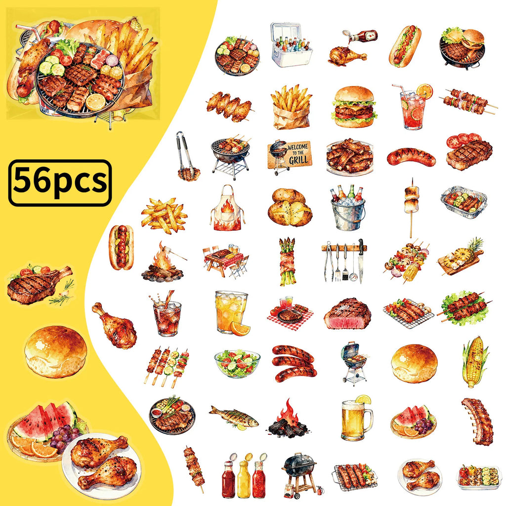56/112Pcs BBQ Food Kitchen Theme PET Stickers, Stationery Notebook Phone Guitar Gift Box Luggage Fridge Decor Aesthetics Decals