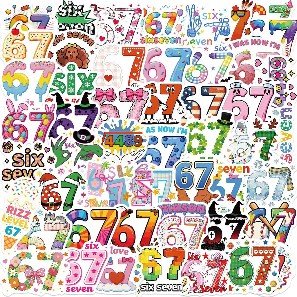 50/100PCS Cartoon Number 67 Doodle Stickers, Creative Decals for Guitar Notebook Suitcase Stationery Phone Case DIY Decor
