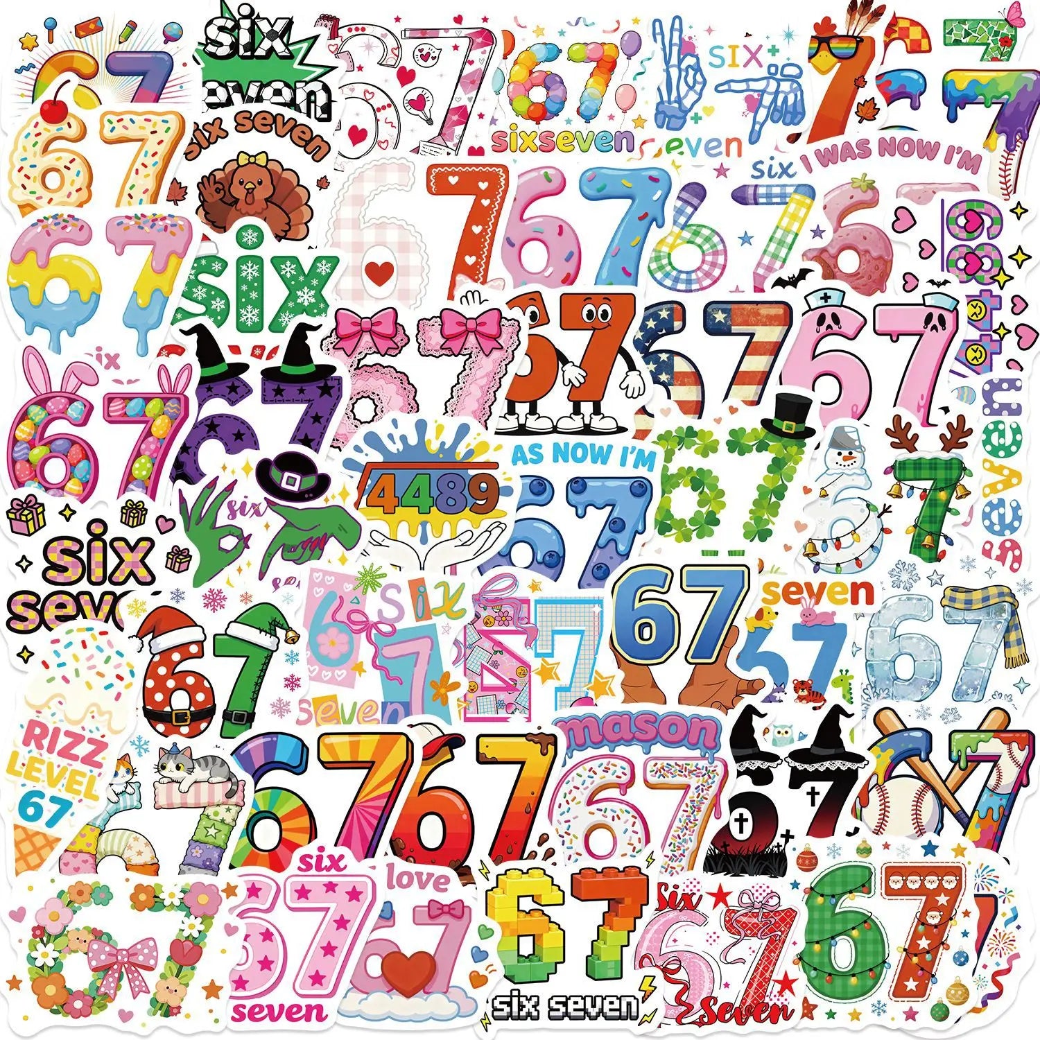 50/100PCS Cartoon Number 67 Doodle Stickers, Creative Decals for Guitar Notebook Suitcase Stationery Phone Case DIY Decor