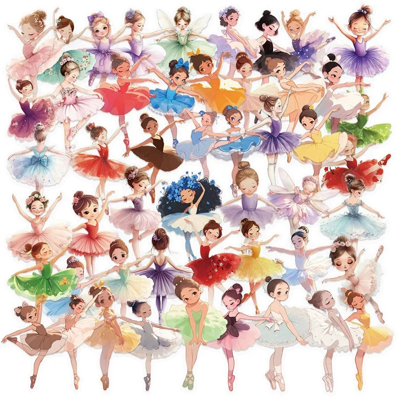 50PCS Cartoon Ballet Girl PET Sticky Sticker Aesthetic Tear Open DIY Decoration Scrapbooking Stationery Supplies for Kids