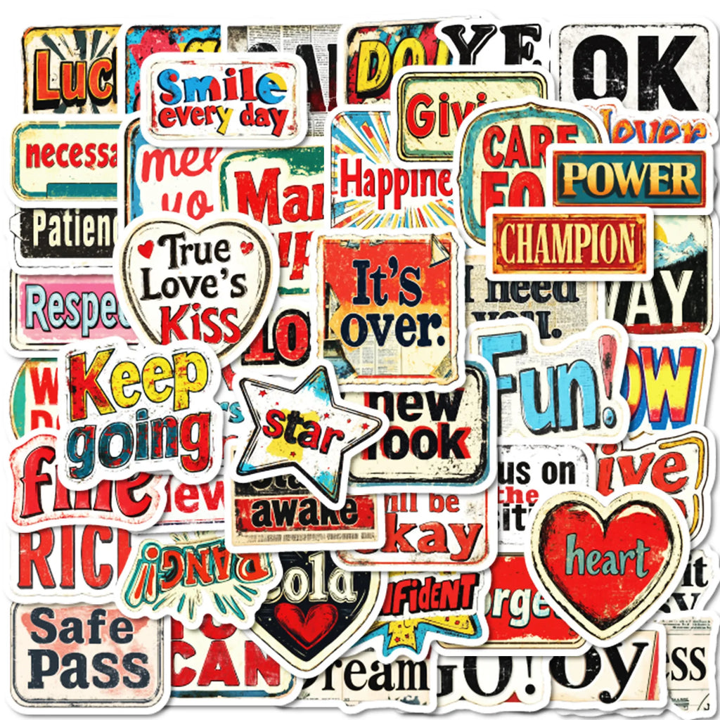 50/100 Pcs Cool Vintage Text Doodle Mix Stickers No Repeat DIY Enthusiast for Helmet Skateboard Car Phone Fade Resistant Decals
