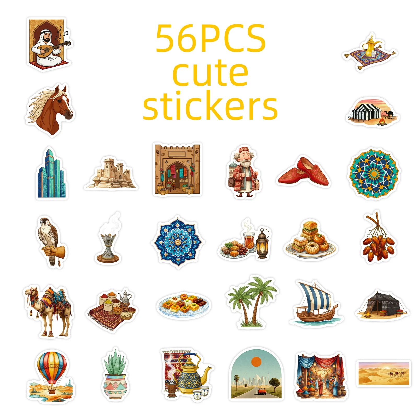 56PCS Arabic Desert Camel Building Elements Graffiti Stickers Student Stationery Notebook Phone Cartoon Decals Stickers