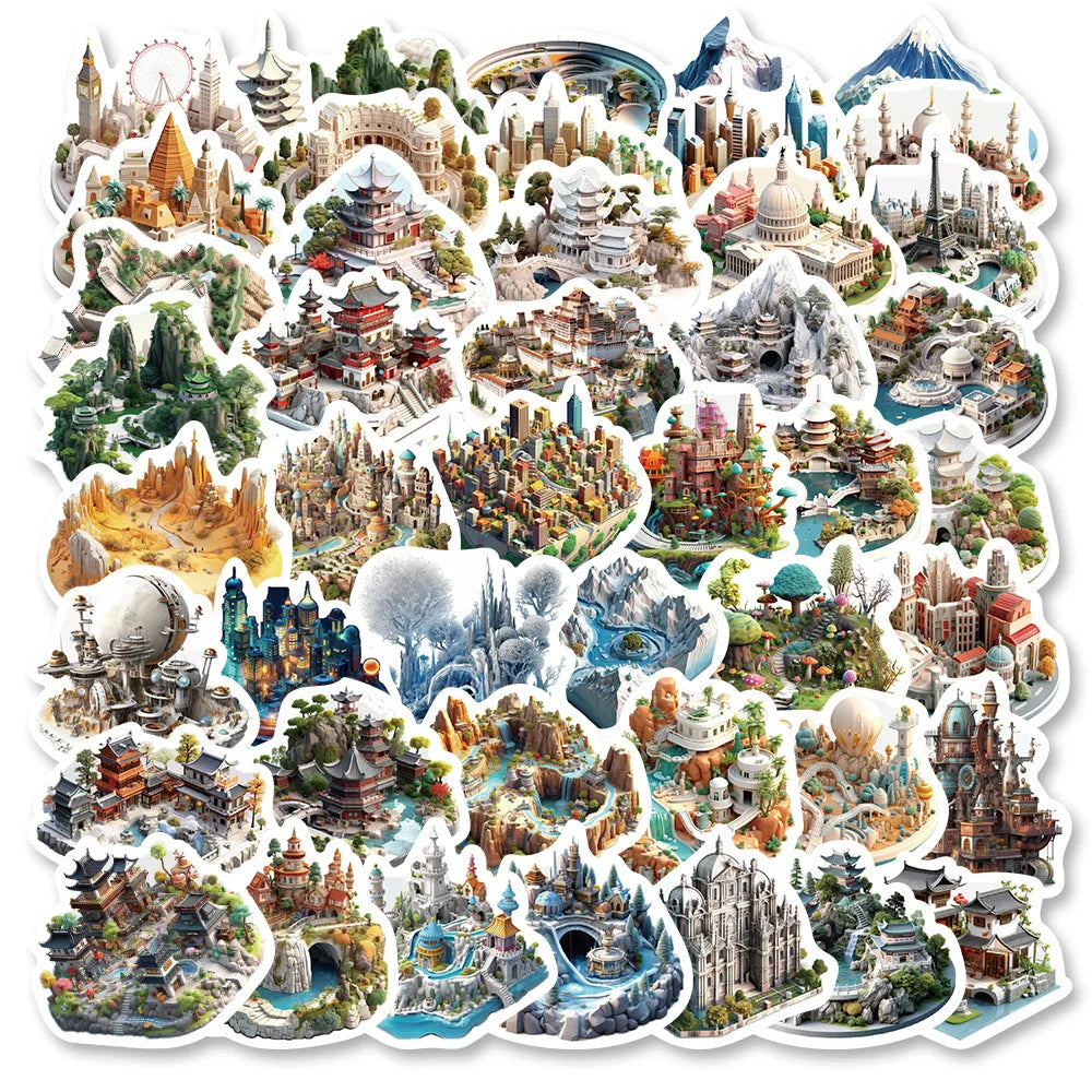 50PCS Creative 3D Small World Micro Landscape Stickers for Mobile, Computer, Tablet, Waterproof Stationery System Stickers