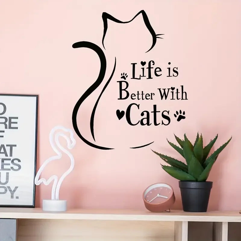 Self-Adhesive Cat Silhouette Wall Decal with "Life is Better with Cats" Quote - Modern Minimalist Animal Print Home Decor Sticke