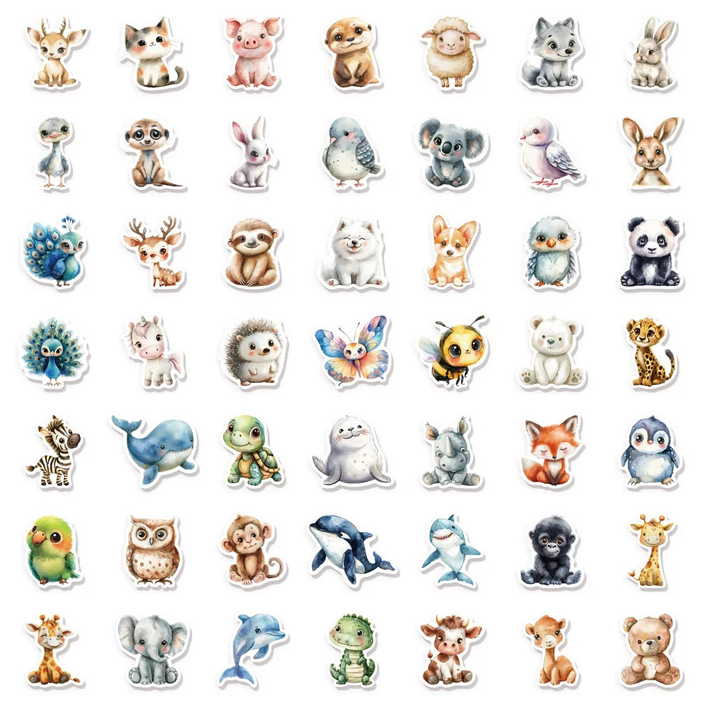50PCS Cute Watercolor Diverse Animal Graffiti Stickers Cartoon DIY Skateboard Mobile Laptop Decoration Reward Stickers Toy
