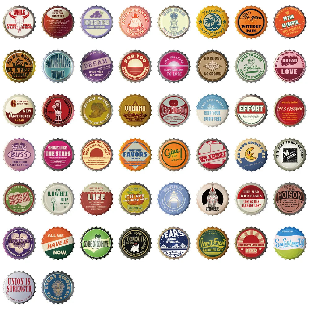 ‌50/100Pcs Retro Bottle Cap Stickers Unique Non-repeating Waterproof Decals for Fridge, Notebook, Guitar, Helmet, Car, Bicycle
