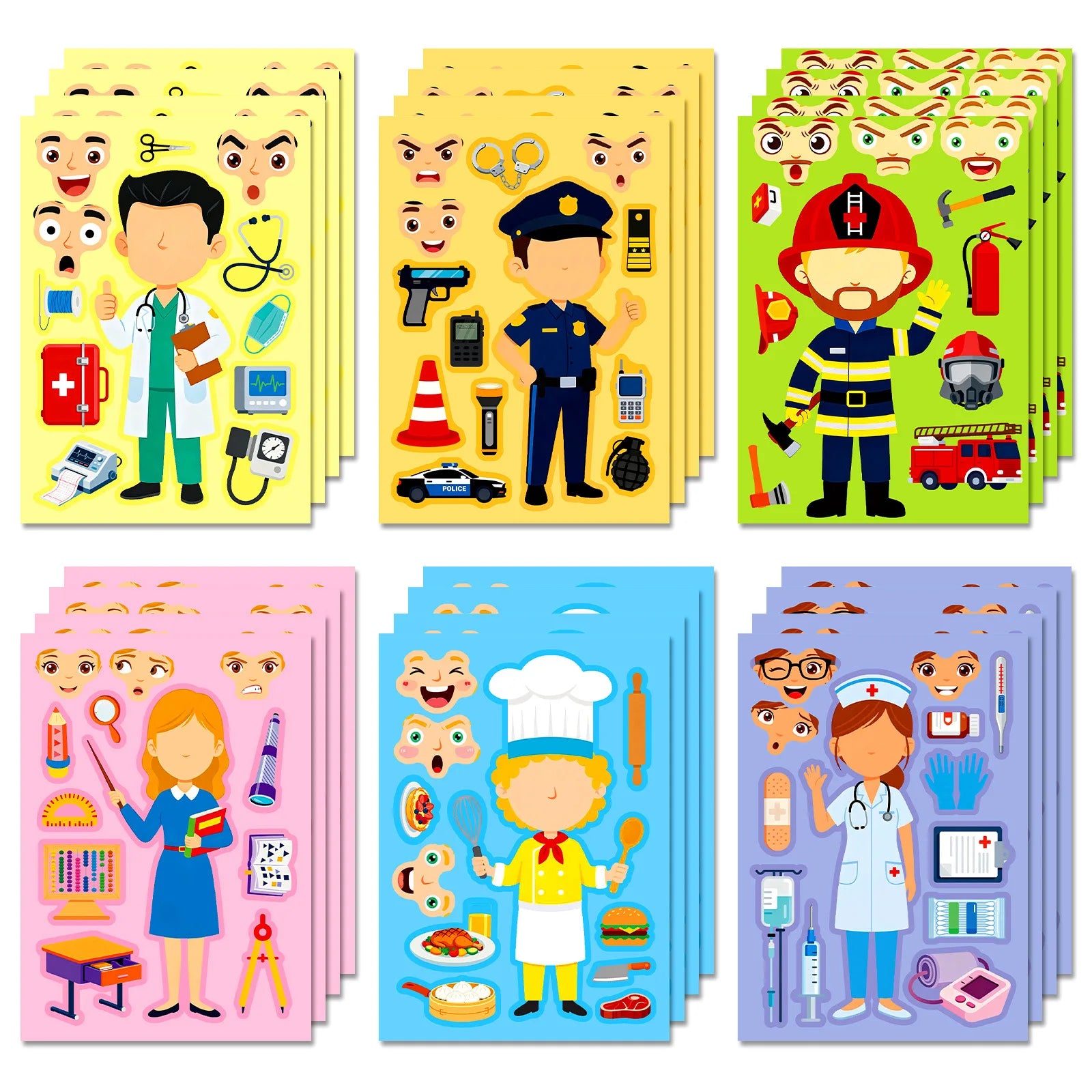 6/12 Pcs Large Different Profession Puzzle Make A Face Stickers Educational DIY for Notebook Stationery Box Desk Drawer Craft