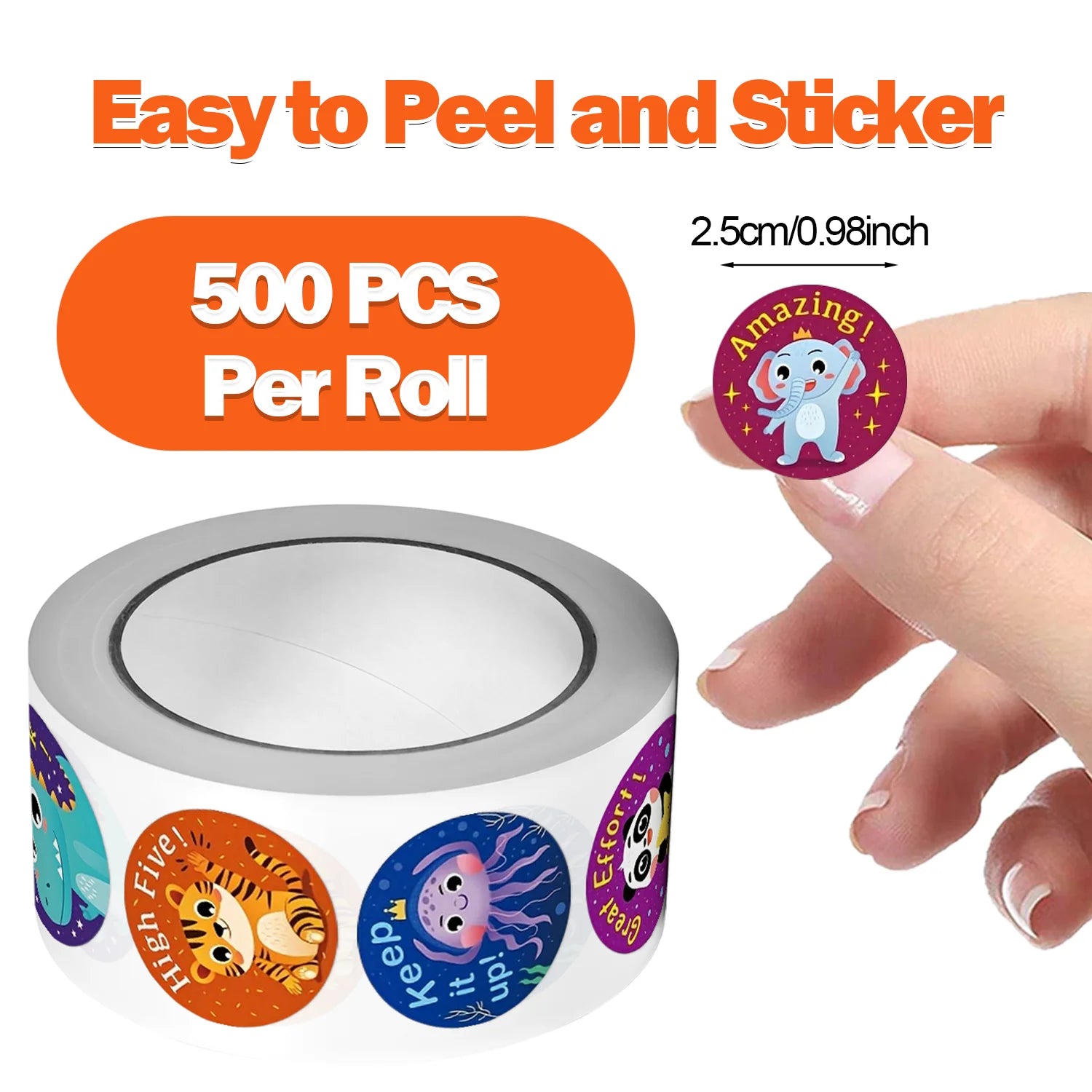 1Roll(500Pcs) Cute Animals Reward Stickers for Students 1.0'' Round 8 Designs Decal Diy Adorn Gifts Package Home Decoration