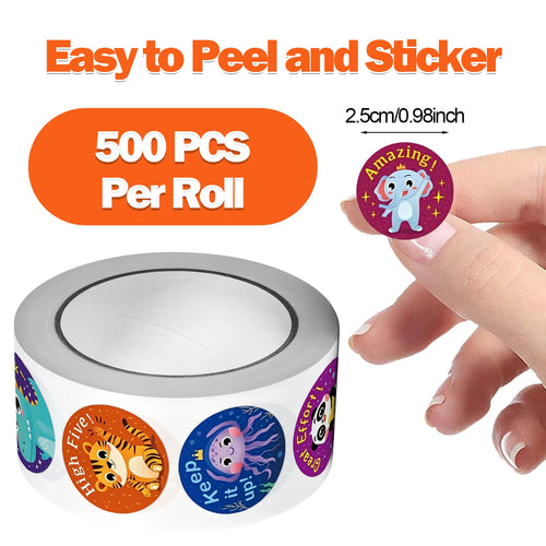 1Roll(500Pcs) Cute Animals Reward Stickers for Students 1.0'' Round 8 Designs Decal Diy Adorn Gifts Package Home Decoration