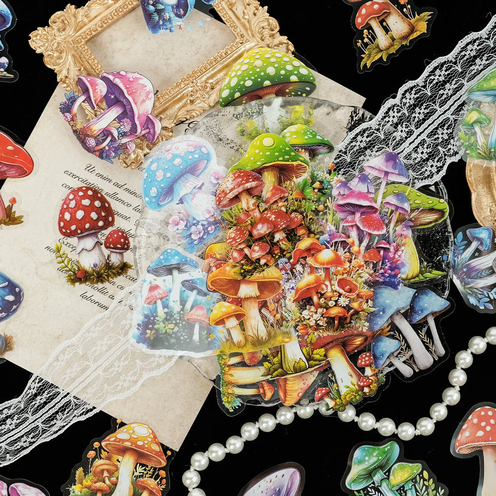 50 PCS Various Mushroom PET Stickers Creative Mushroom Theme Decorative Stickers Waterproof Retro Plant Mushroom Stickers