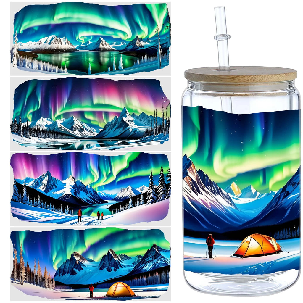 5 sheets of Aurora UV DTF cup packaging suitable for 16oz glass cups, waterproof UV DTF stickers suitable for 16oz glass cups