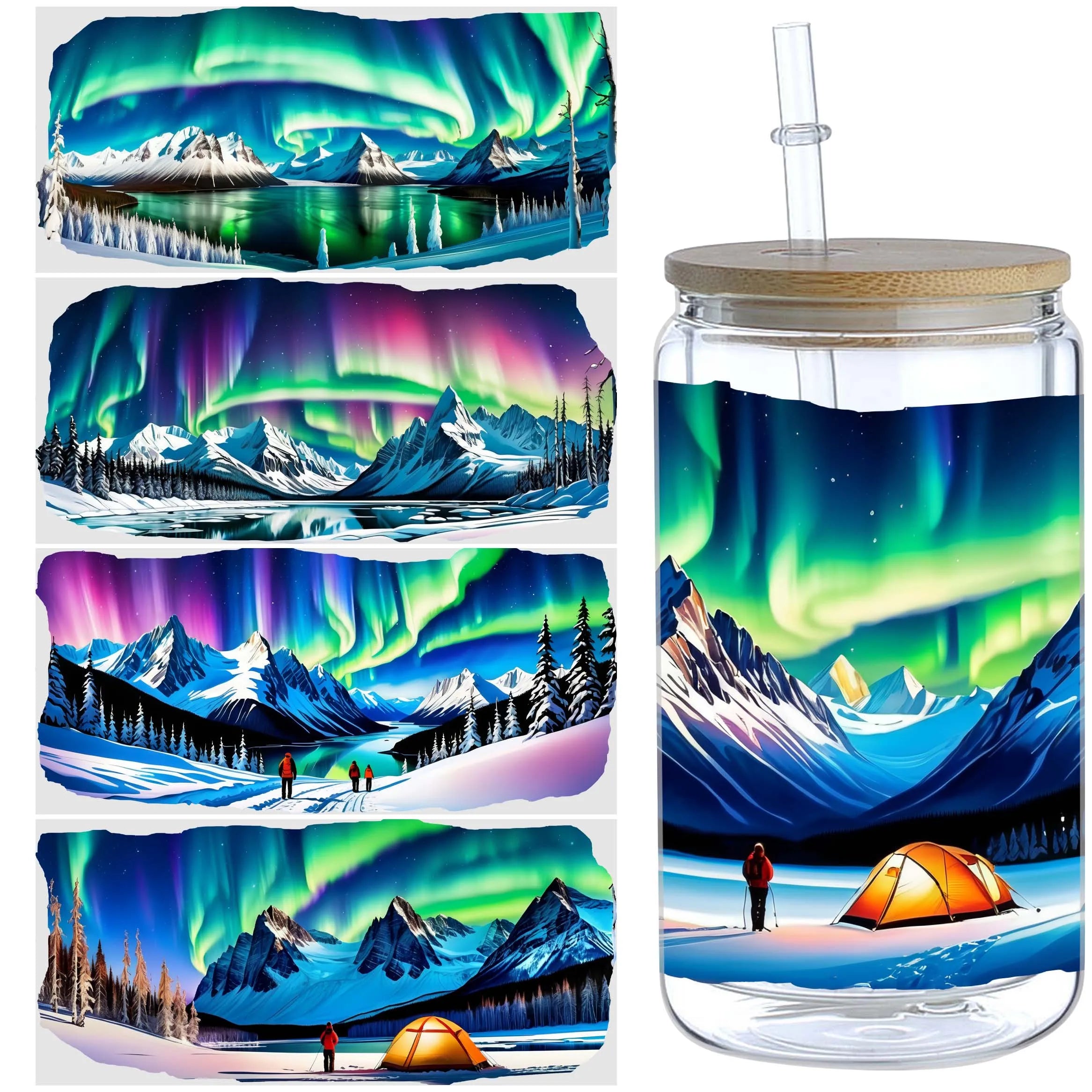 5 sheets of Aurora UV DTF cup packaging suitable for 16oz glass cups, waterproof UV DTF stickers suitable for 16oz glass cups