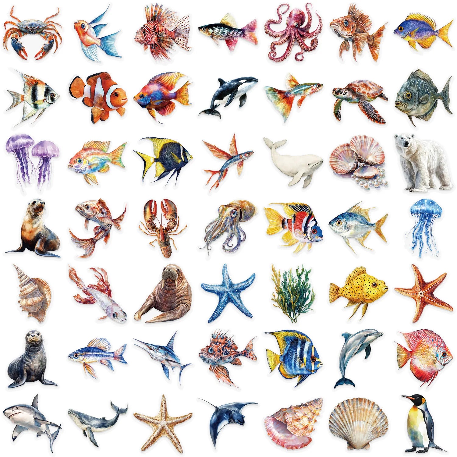 50PCS Marine Animal Cartoon Stickers Octopus Shell Fish DIY Scrapbooking Stationary Travel Luggage Laptop Waterproof PET Sticker
