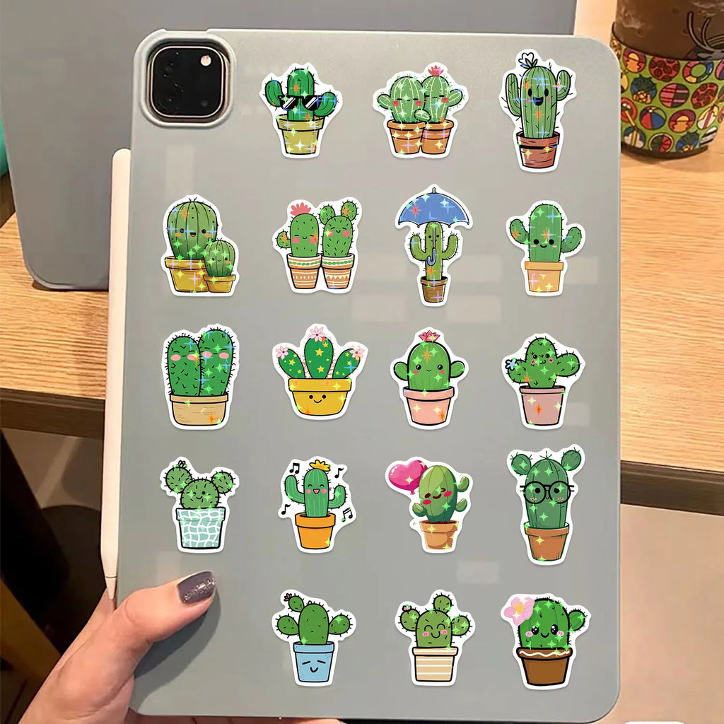 50PCS Holographic Cartoon Cactus Graffiti Stickers Decor Stationery Pen Holder Luggage Notebook DIY Waterproof Children Reward
