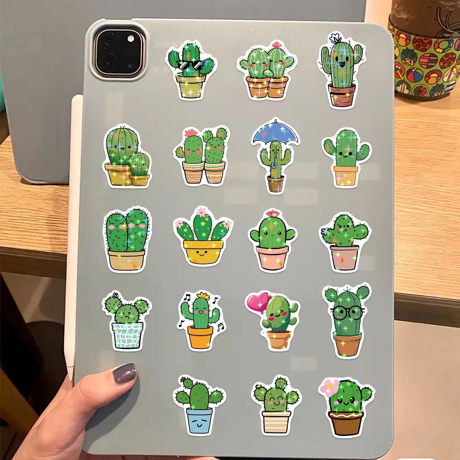 50PCS Holographic Cartoon Cactus Graffiti Stickers Decor Stationery Pen Holder Luggage Notebook DIY Waterproof Children Reward