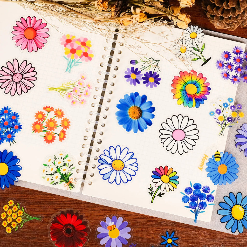 56/112PCS Colorful Daisy Transparent PET Stickers High Beauty Artistic Phone Decorative Notebook Stationery Stickers