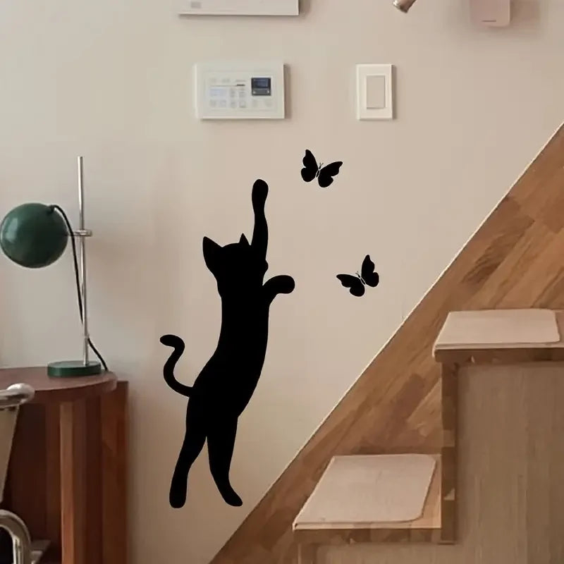 Removable Self-Adhesive Wall Stickers Featuring a Black Cat with a Butterfly Design, Suitable for Decorating Walls in Bedrooms,