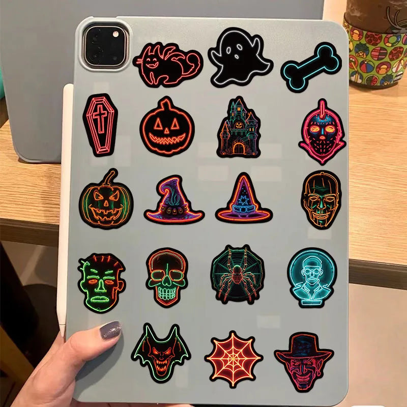 50PCS Neon lights Halloween Stickers Japanese Style Aesthetic Pumpkin Harajuku Cartoon Happy Halloween Paper Wall Room Bar Decor