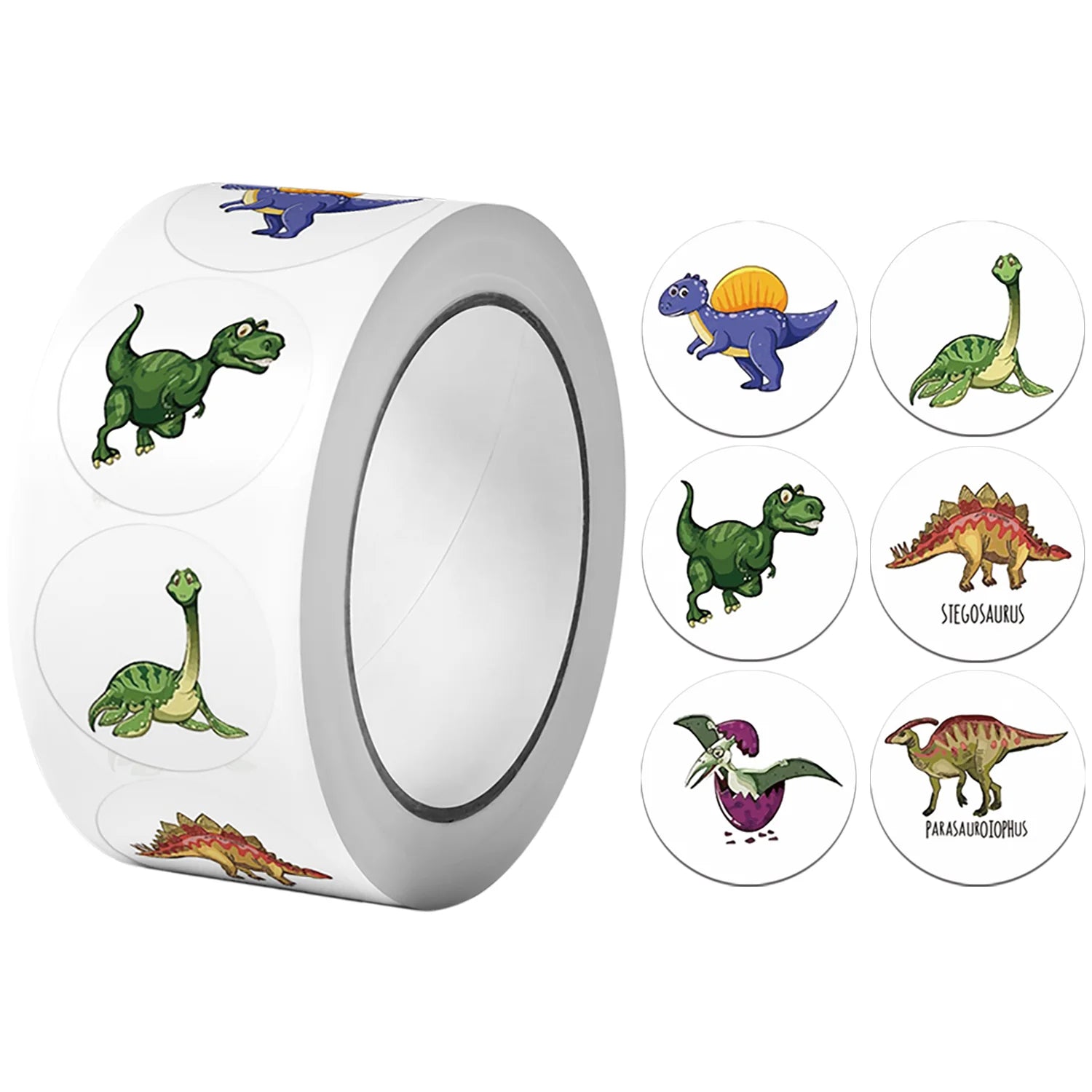 1Roll(500pcs) 1'' Round Cartoon Dinosaurs Stickers for Kids Teacher Reward School Supplies Animal Incentive Home Decor