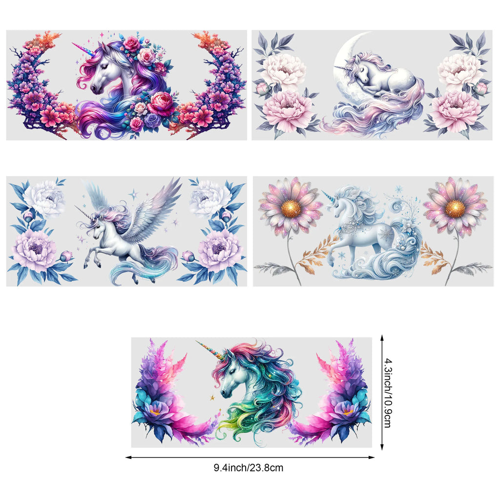 5 sheet Unicorn UV DTF Cup Stickers, DTF Transfer Stickers, Waterproof Wipe Transfer Paper for 16oz Glass, Mug, Craft, Furniture