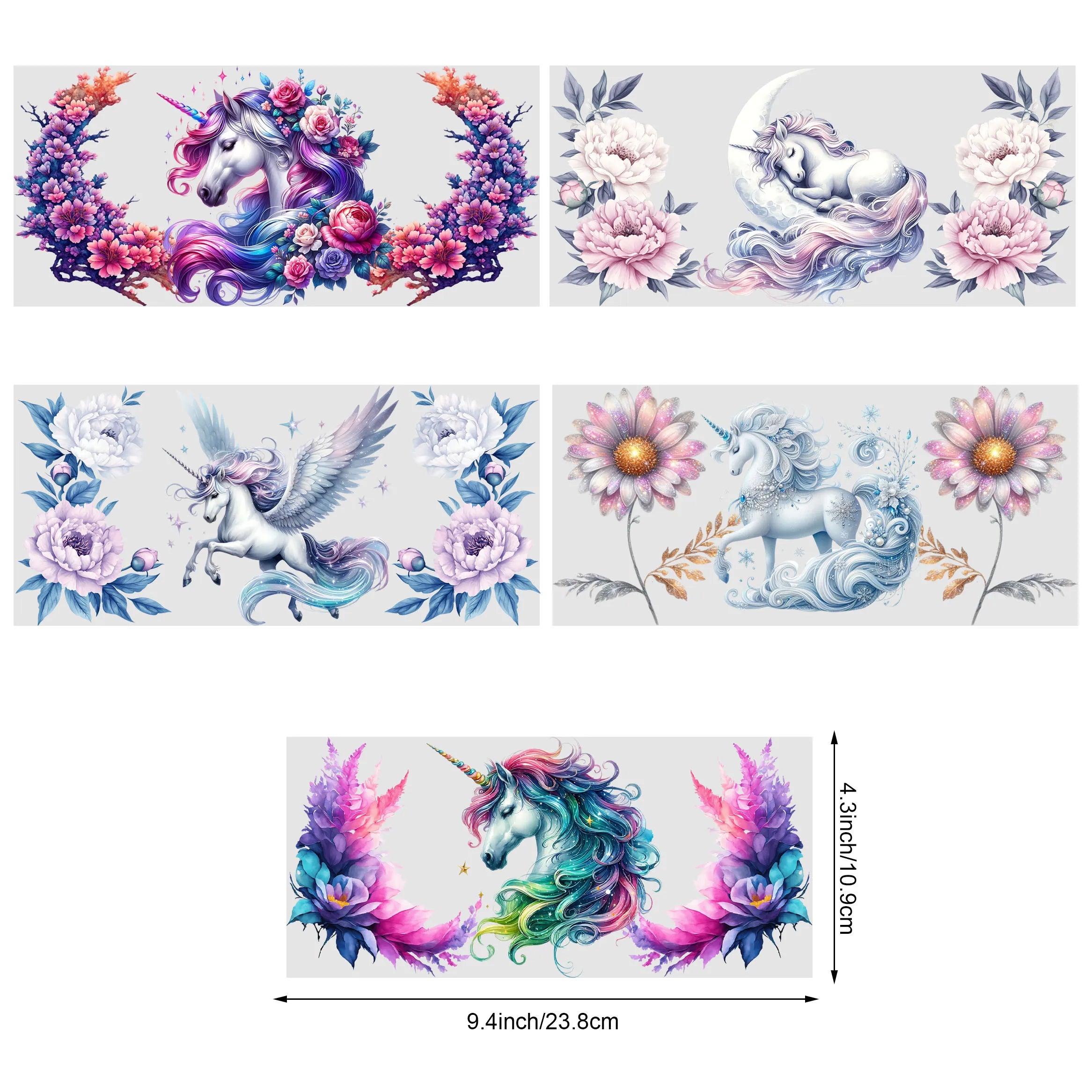 5 sheet Unicorn UV DTF Cup Stickers, DTF Transfer Stickers, Waterproof Wipe Transfer Paper for 16oz Glass, Mug, Craft, Furniture