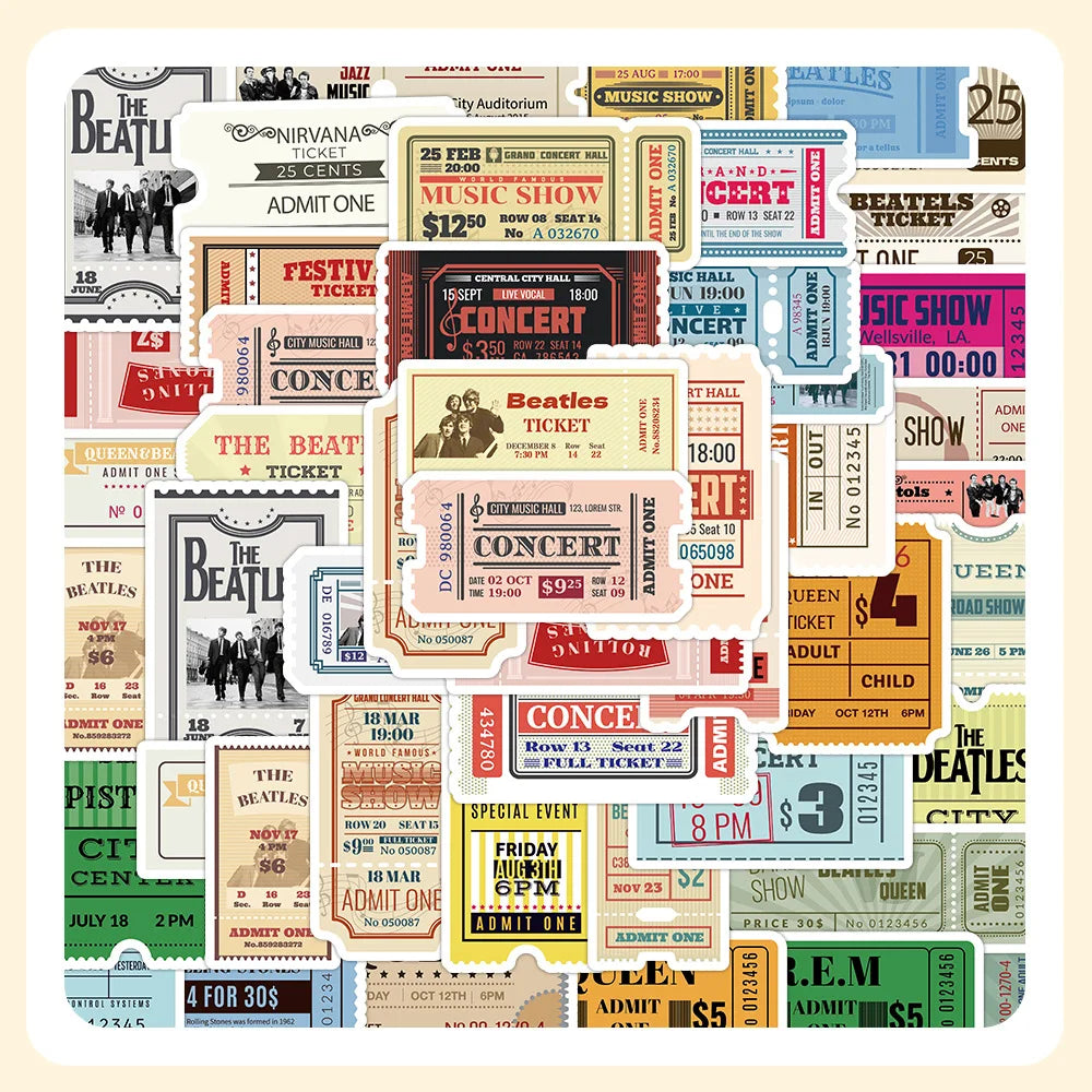 60/120 Pcs Vintage Band Concert Ticket Theme Stickers for Diary Phone Album Helmet Car Scooter Thick Durable Decals
