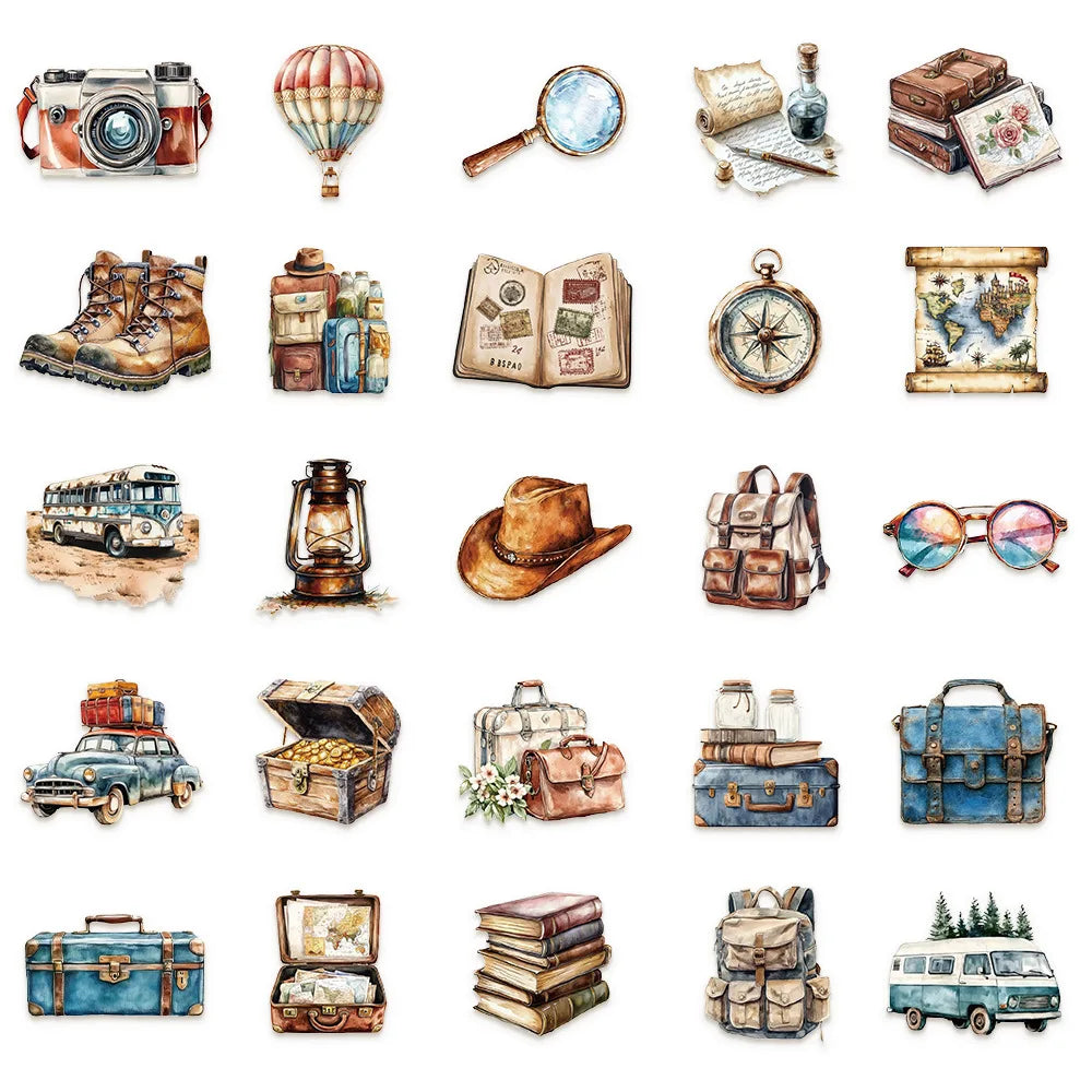 50pcs Vintage Travel Transparent PET Stickers Decals For Phone Laptop Notebook Suitcase Guitar DIY Cartoon Aesthetic Stickers