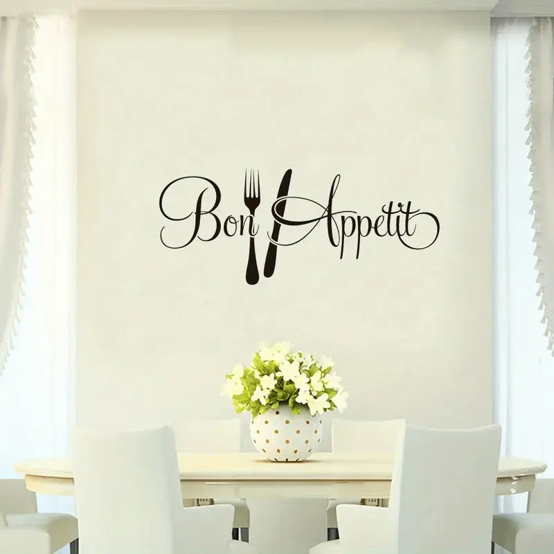 Reusable Self-Adhesive BON Appetit Wall Decal - Modern Geometric Kitchen Decor with Elegant Cursive Lettering, No Residue Remova