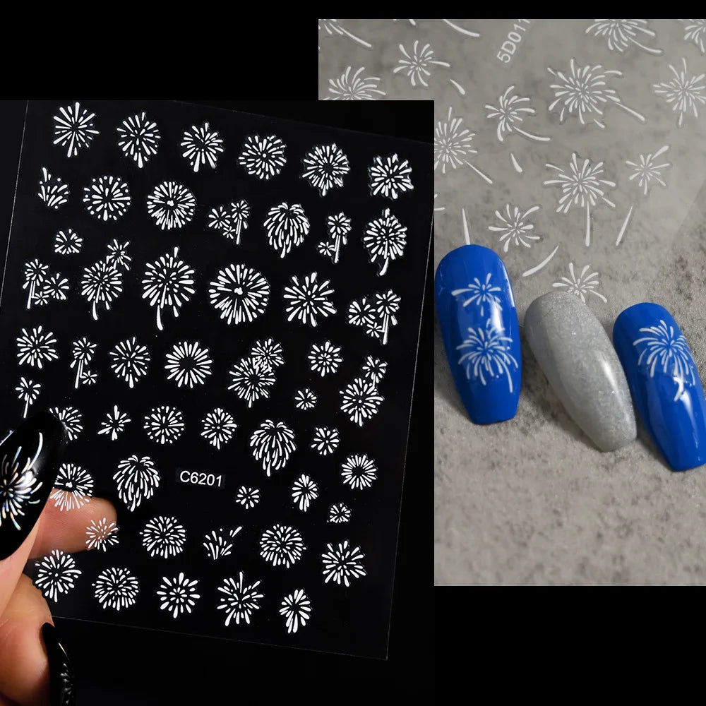 Laser Firework Nail Stickers 3D Self-Adhesive Blooming Fireworks Nail Art Decals New Year Firework Nail Decorations Slider 1pcs