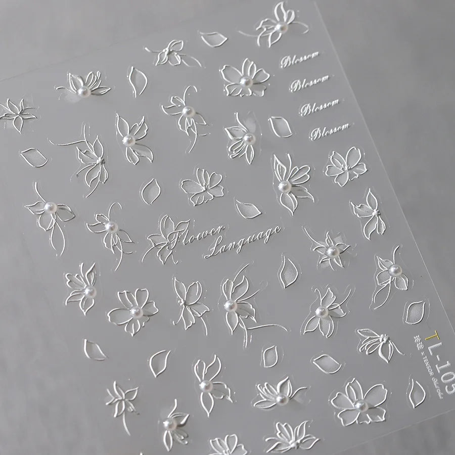 Classic White Flowers Nail Charms Stickers 5D Embossed Pearls Flowers Ribbon Design Nail Art Stickers DIY 3D Manicure Decoration