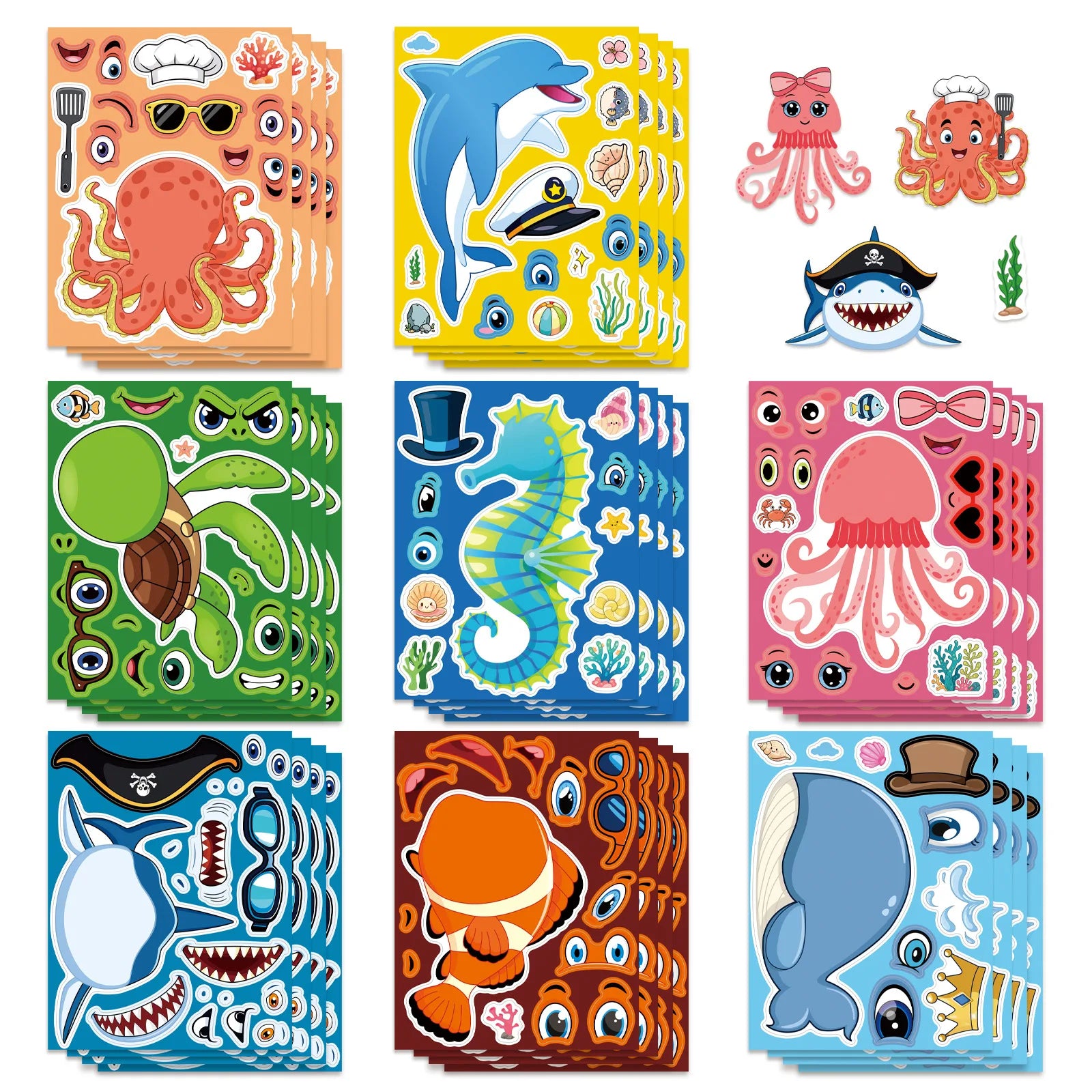 8PCS Cute Animal Cat Dolphin Octopus Cartoon Car Face Changing Stickers Stationery Notebook Decor DIY Children's Puzzle Sticker
