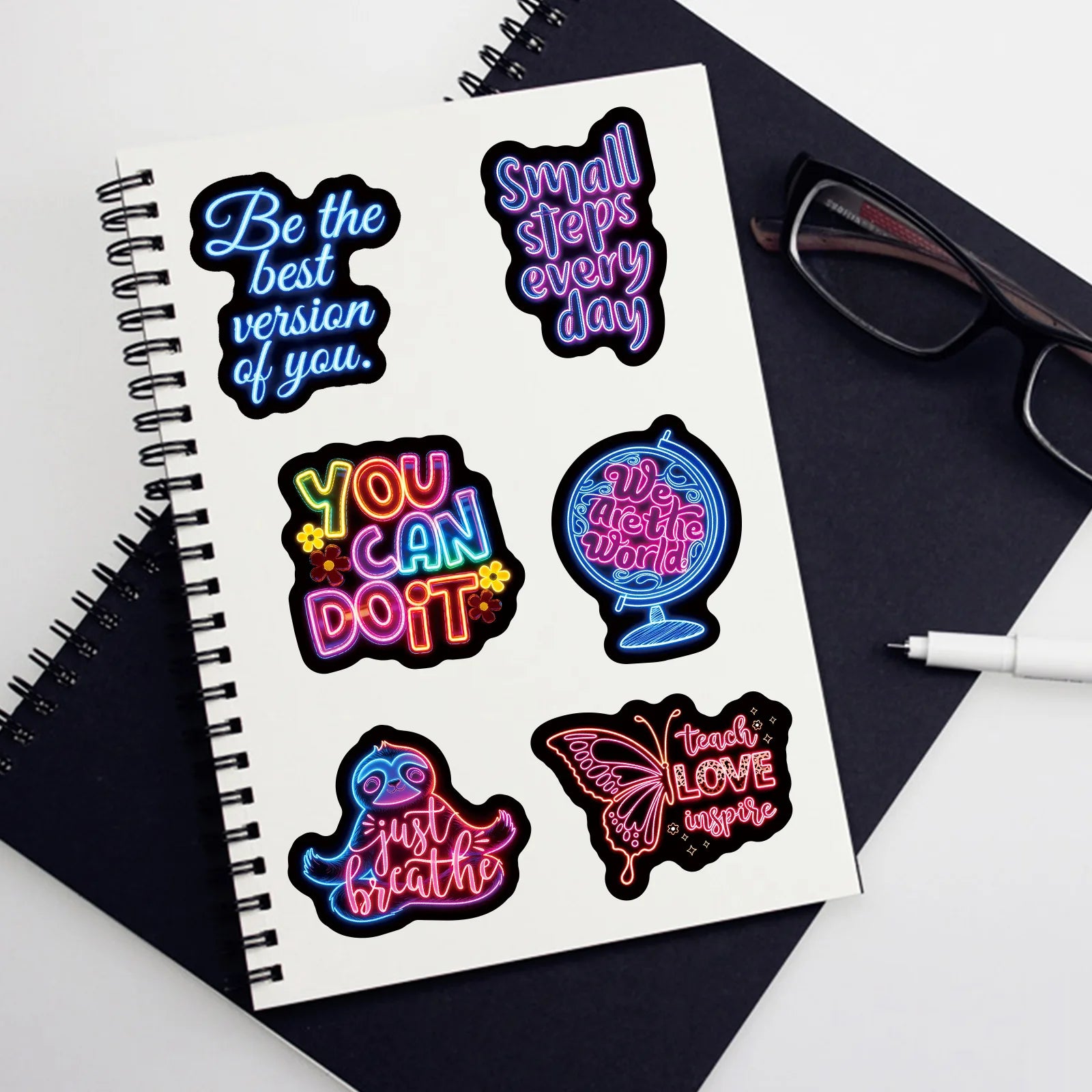 50-Pack Waterproof Neon Motivational Text Stickers for Refrigerator Helmet Skateboard Laptop Water Bottle Stationery Notebook
