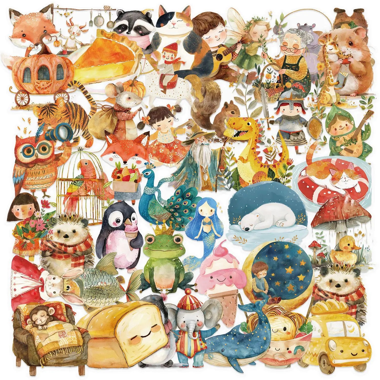 50Pcs Transparent Fairy Tale Watercolor Sticker Pack Waterproof Transparent PET Bookkeeping Material Decorative Guitar Notebook