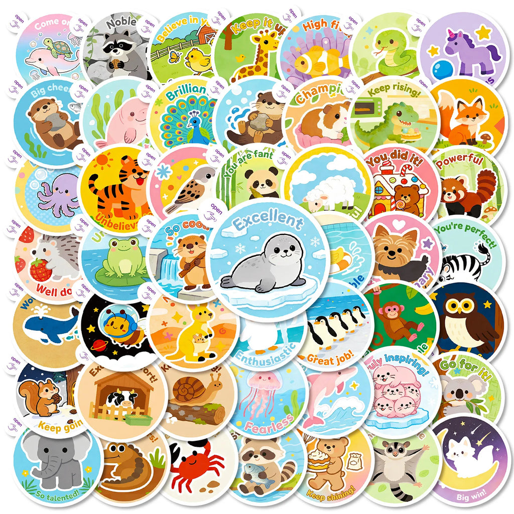 50PCS Cartoon Animal Easy-Tear Stickers Students Office Supplies Decor Decals Phones Fridges Kids Rewards Stickers