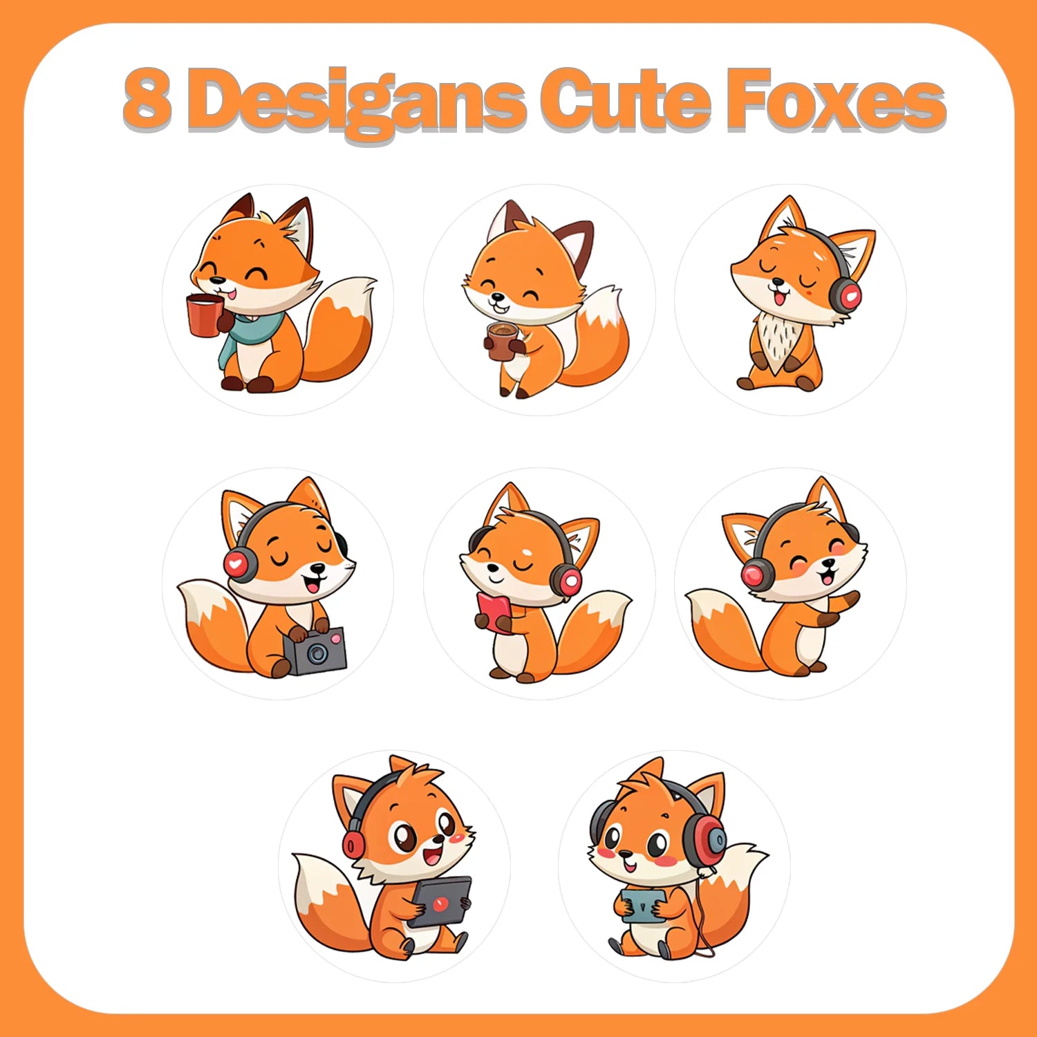 1Roll(500Pcs) Cute Listening Music Playing Game Cool Foxes Stickers 2.5cm/1.0'' 8 Designs Decals Diy Adorn Gifts Packing Labels