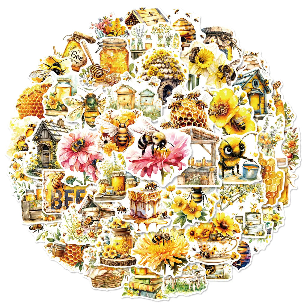 50PCS Bee Flower Graffiti Stickers Notebook Water Cup Luggage Handbag Decoration Non repeating Waterproof Stickers