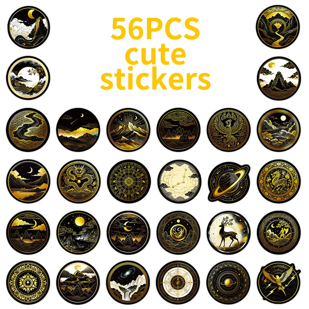 56/112Pcs Black Gold Space-themed PET Stickers - Unique Waterproof Decals for Notebook, Pencil Box, Bike, Suitcase, Laptop