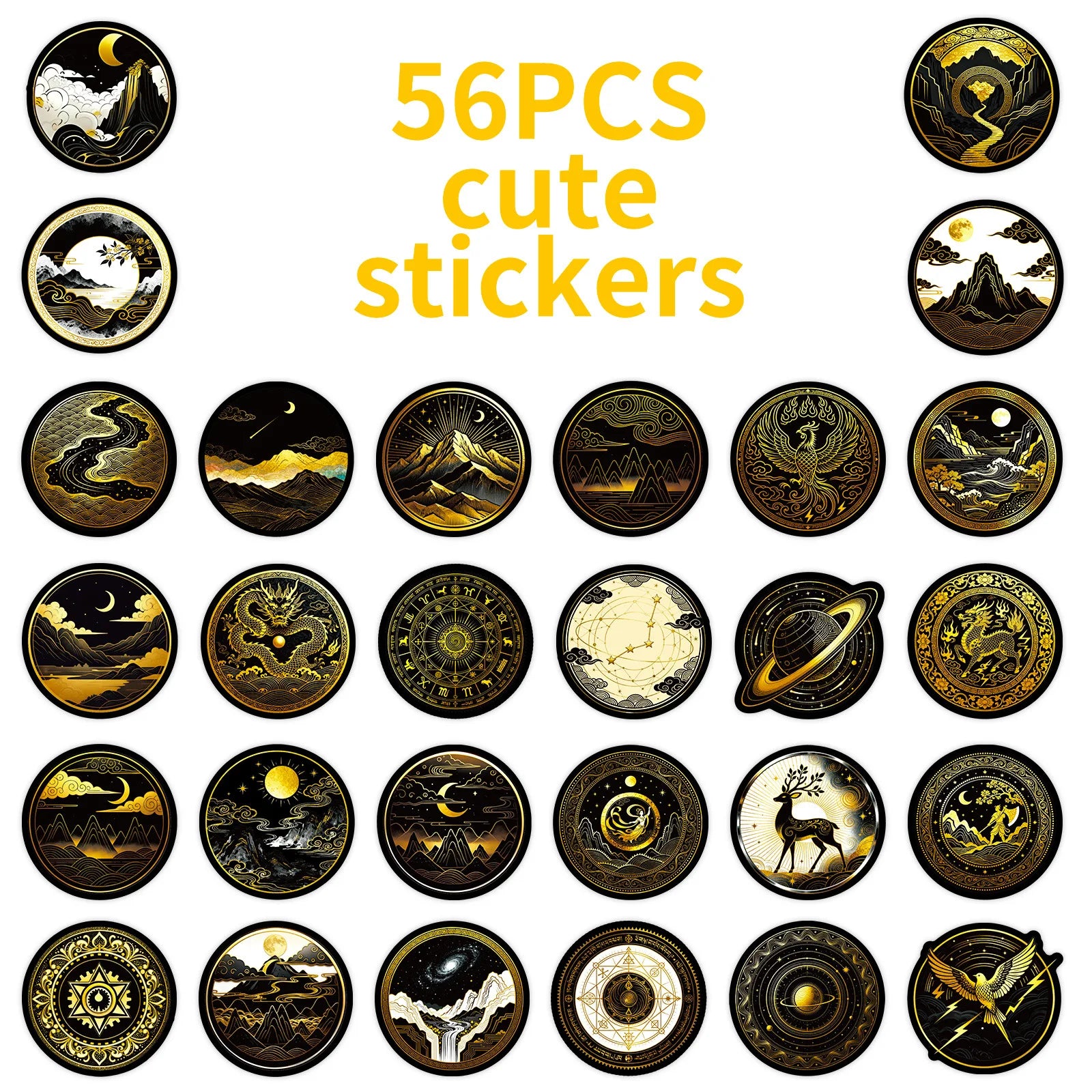56/112Pcs Black Gold Space-themed PET Stickers - Unique Waterproof Decals for Notebook, Pencil Box, Bike, Suitcase, Laptop