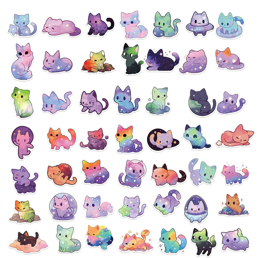 50 Pcs Cartoon Rainbow Starry Sky Cat Stickers, Cute Aesthetic Cat Waterproof Stickers for Water Bottle, Laptop, Phone,