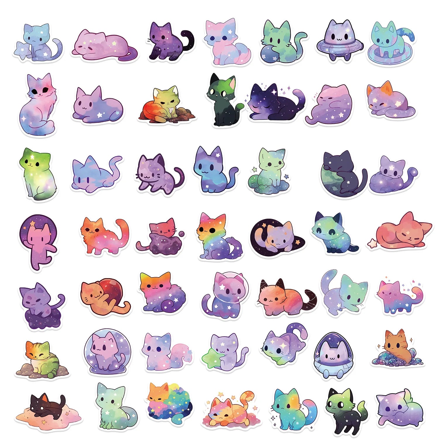 50 Pcs Cartoon Rainbow Starry Sky Cat Stickers, Cute Aesthetic Cat Waterproof Stickers for Water Bottle, Laptop, Phone,
