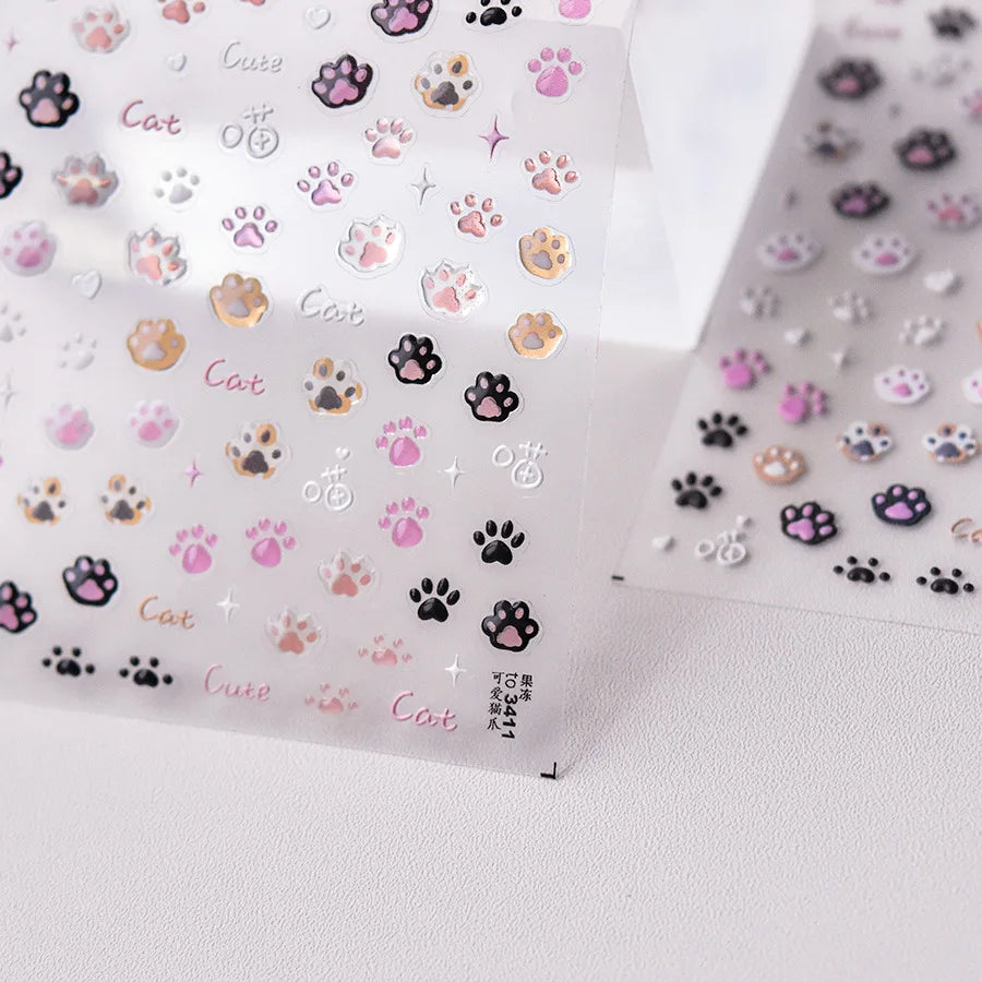 Nail Stickers Cat Cute Jelly Pink Cat Paw Cartoon 5D Embossed Relief Self Adhesive Nail Art Sticker 3D Manicure Decals DIY Parts