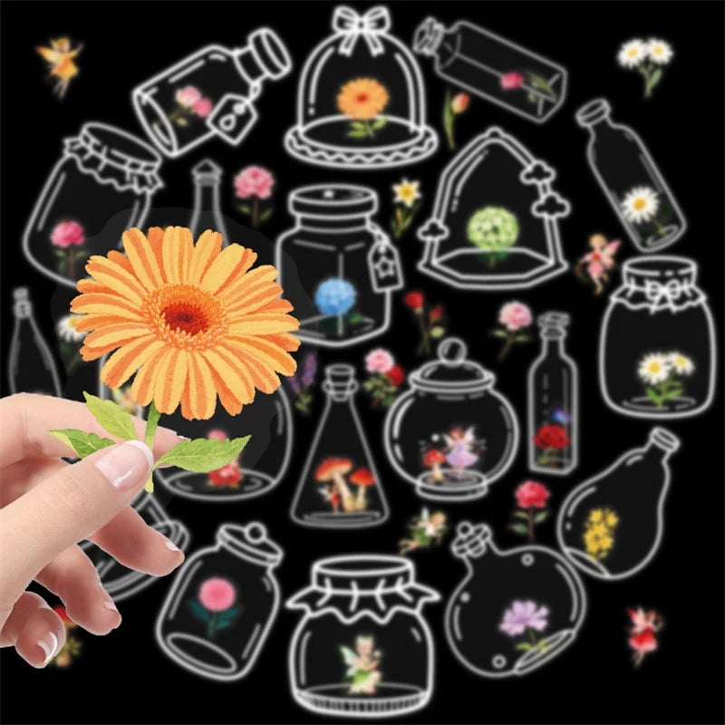 56PCS Kawaii Flower Bottle PET Sticky Sticker Aesthetic Tear Open DIY Decoration Scrapbooking School Stationery Supplies