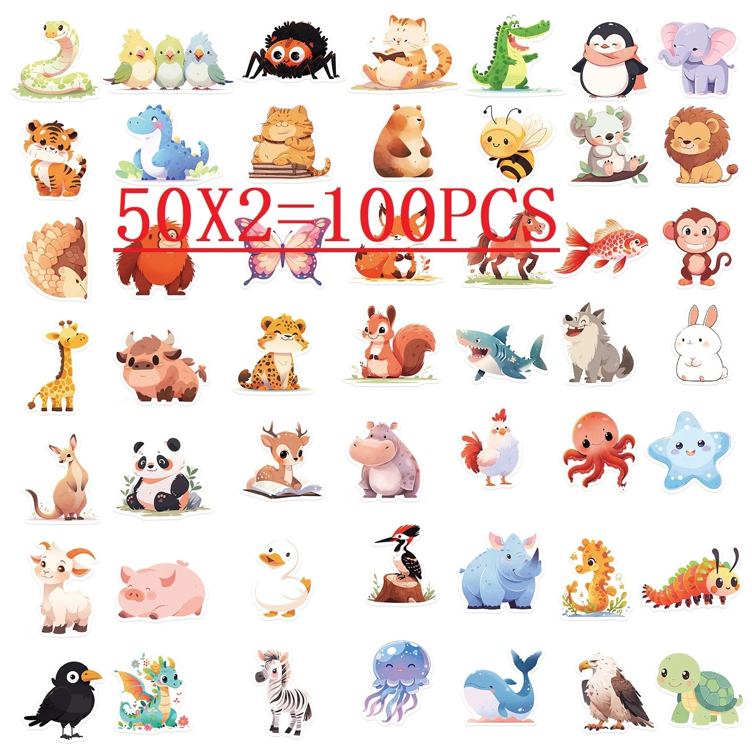 50/100PCS Cute Cartoon Illustration Animal Stickers Decoration Guitar Notebook Luggage DIY Waterproof Stationery Sticker