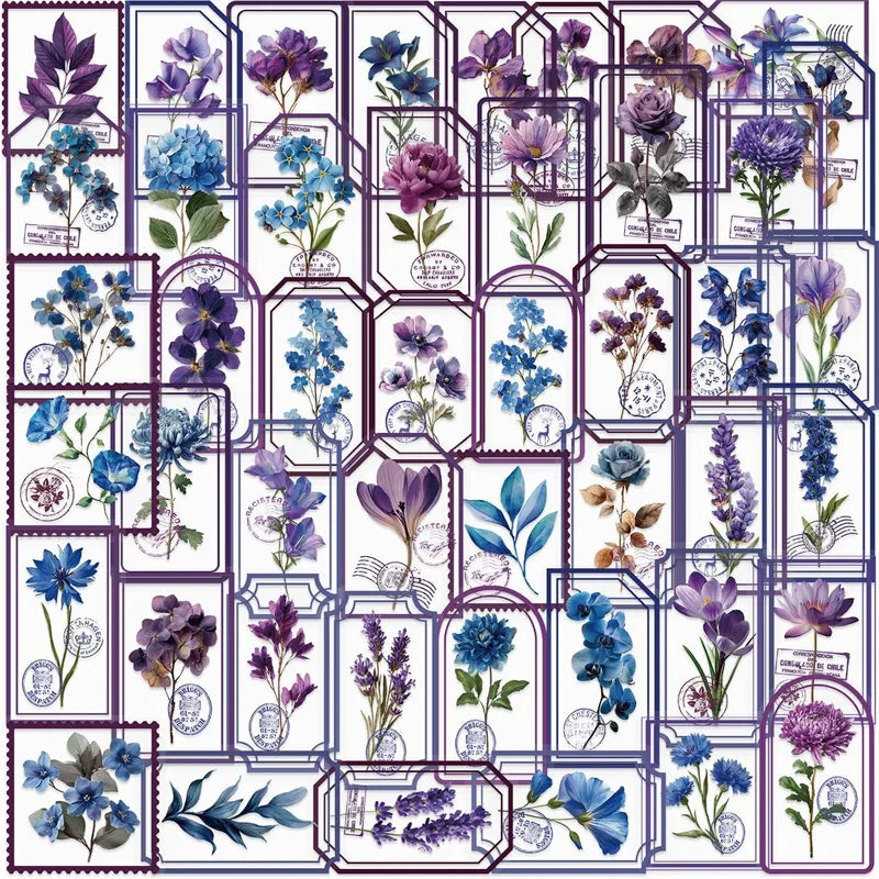 50PCS Cute Blue Purple Flower PET Phone Sticker Aesthetic Tear Open Colored Decoration DIY Laptop Luggage Graffiti Decals