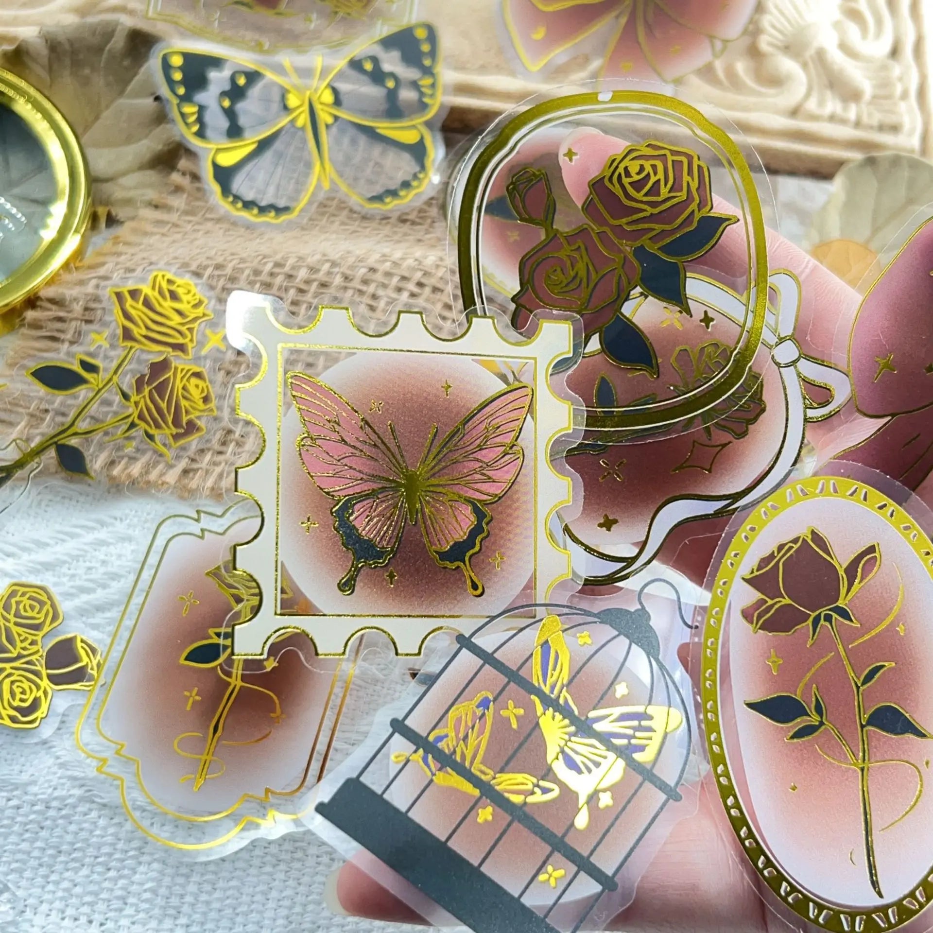 50/100 Pcs Exquisite Gold Foil Vintage Rose Note PET Clear Waterproof Stickers for Phone Cup Window Fridge Laptop Decals