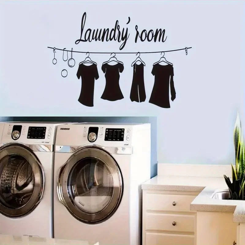 Black 'Laundry Room' Wall Decal with Clothes Hanging Design - Removable, Reusable Sticker for Kitchen & Living Room Decor, Moder