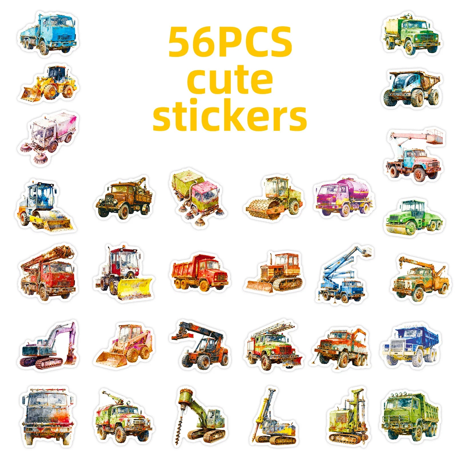 56PCS Vintage Construction Truck Watercolor Stickers Childred DIY Art Decals Notebook Phone Case Tablet Suitcase Sticker